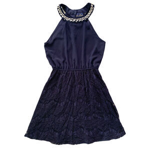 Blue Rain Womens Mini Dress Small Pearls Blue Beaded Lace Fit And Flare Halter